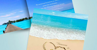 Faire part mariage mer avec alliance et coeur.